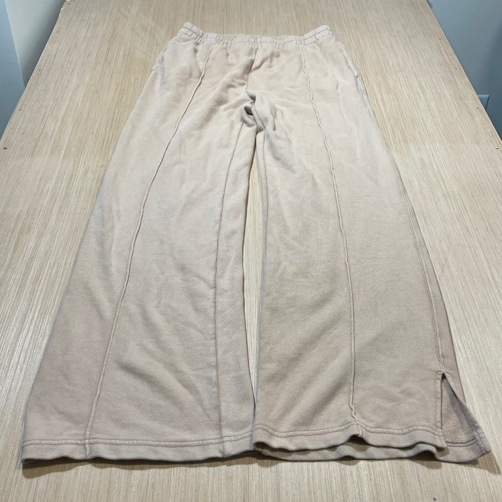 Aerie Sweatpants Women Beige Wide Leg Seam Front Slit Hem Medium